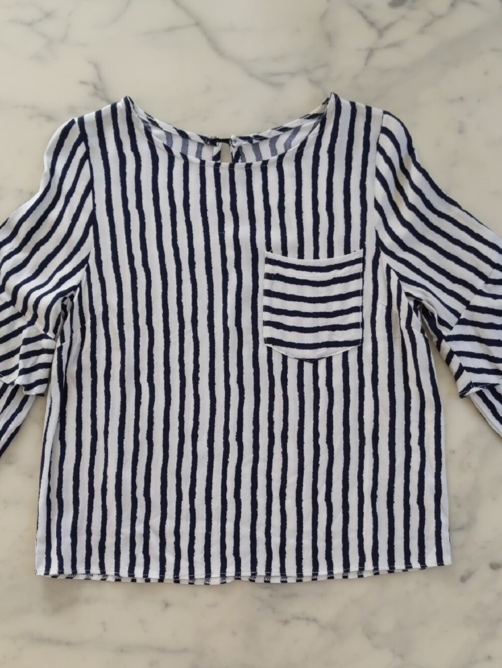 Striped Navy and White 3/4 Ruffle Sleeve Blouse. - Picture 3 of 5